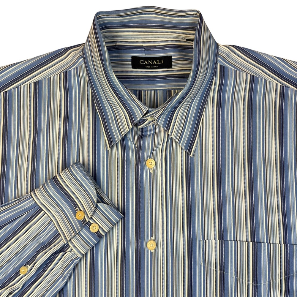 Canali‎ Blue Striped Dress Shirt Mens XL 16.5 Spread Collar Italy Corpcore